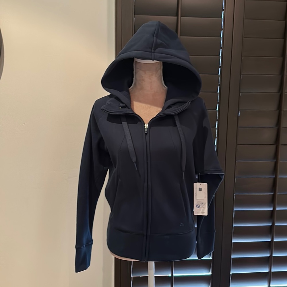 Navy zippered sweat hoodie raglan sleeves.